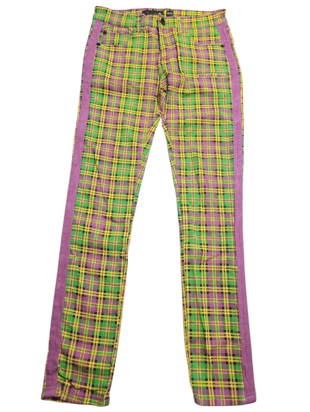 Decibel Unisex Plaid Racer Stripe Emo Skinny Jeans Size 30×32 Green Purple... - Picture 6 of 16
